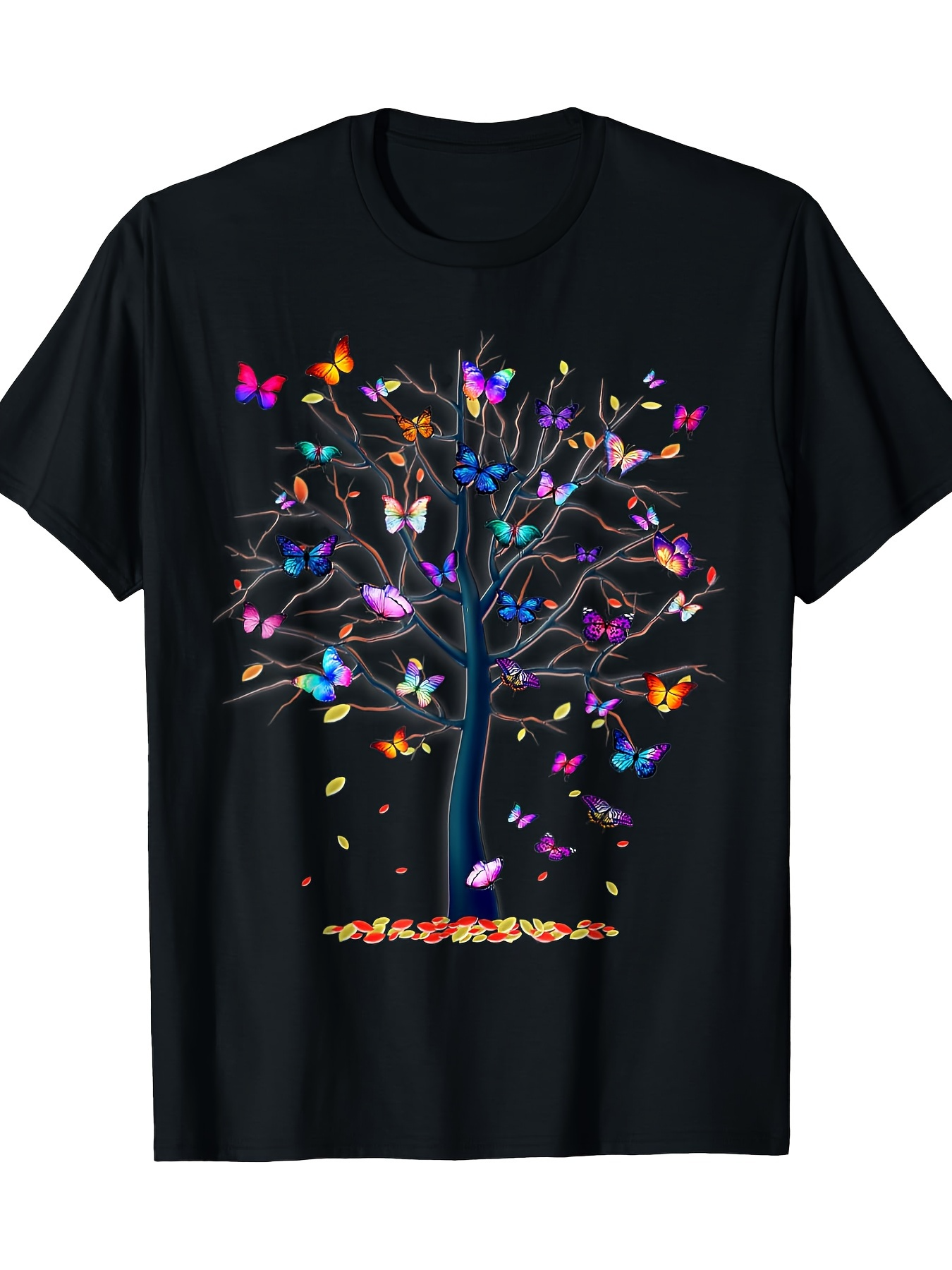Men's Graphic T-Shirt Vibrant Rainbow Butterflies Resting Among Colorful Leaves On Majestic Tree