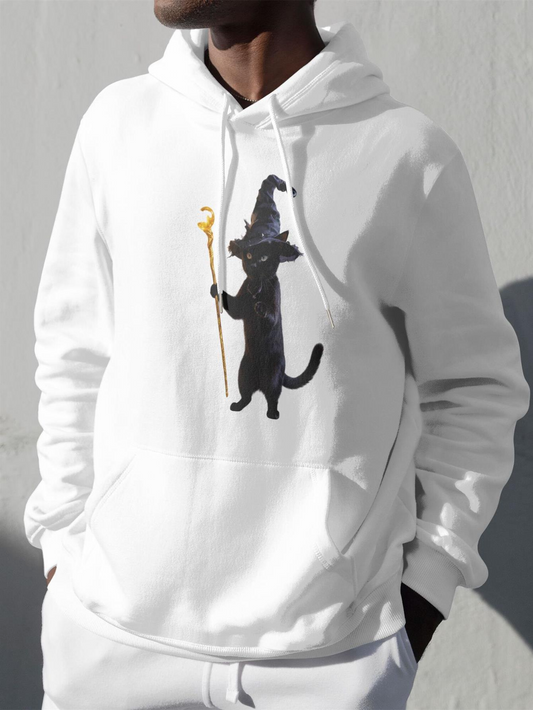 Men's Graphic Hoodie Adorable Black Cat With Wizard Hat Holding Golden Staff Cat