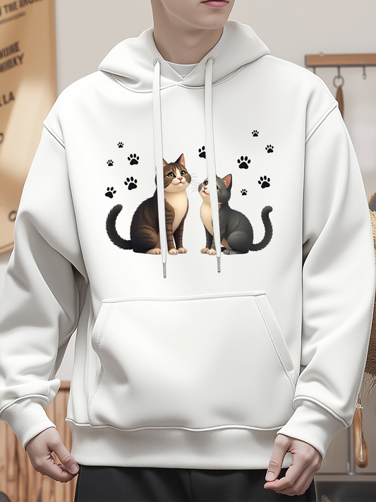 Men's Graphic Hoodie Adorable Playful Gentle Cats With Paw Prints Among White Background Cat