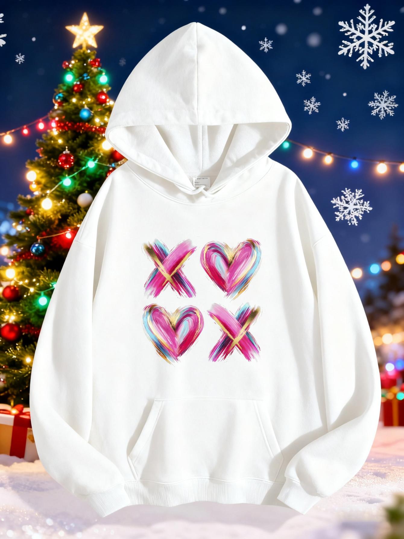 Women's Graphic Hoodie Colorful Paint Brush Strokes Forming Hearts And Crosses On Hoodie