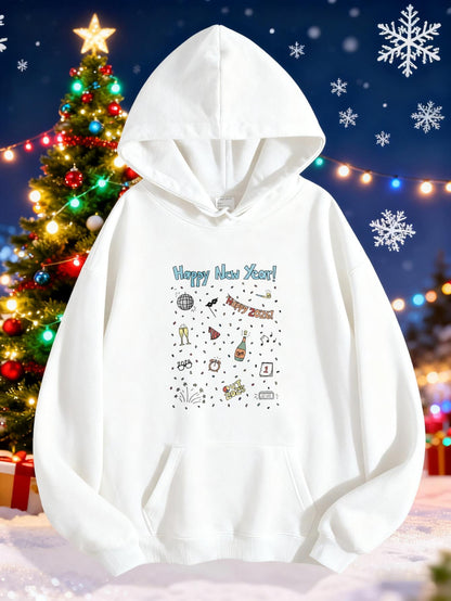 Women's Graphic Hoodie Happy New Year Cute Illustrations With Gifts And Celebration Motifs Hoodie