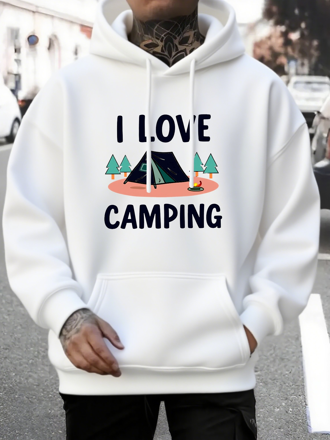 Men's Graphic Hoodie I Love Camping With Forest Trees And Blue Tent Under Open Sky