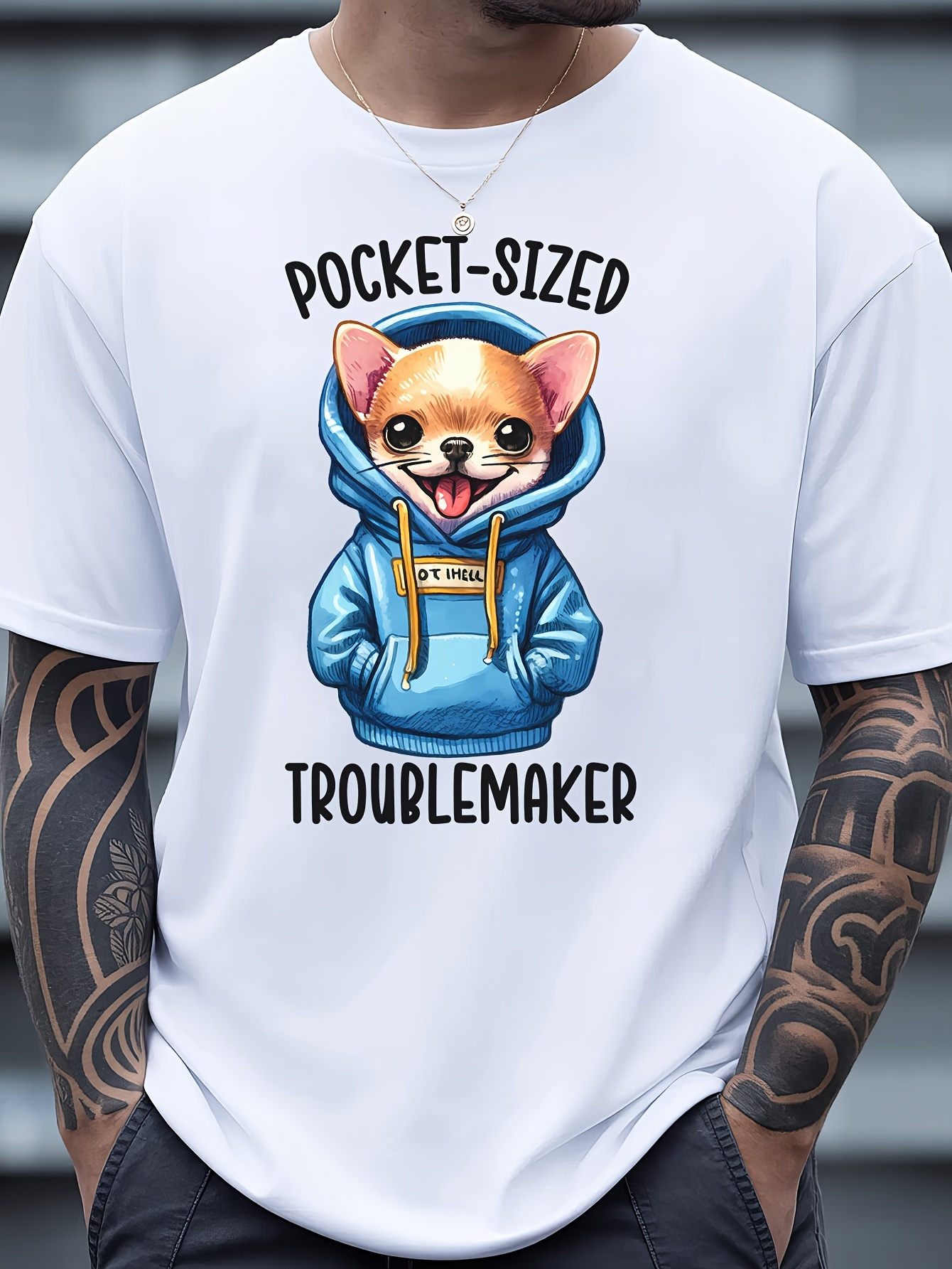 Men's Graphic T-Shirt Pocket Sized Troublemaker Smiling Chihuahua Wearing Bright Blue Hoodie