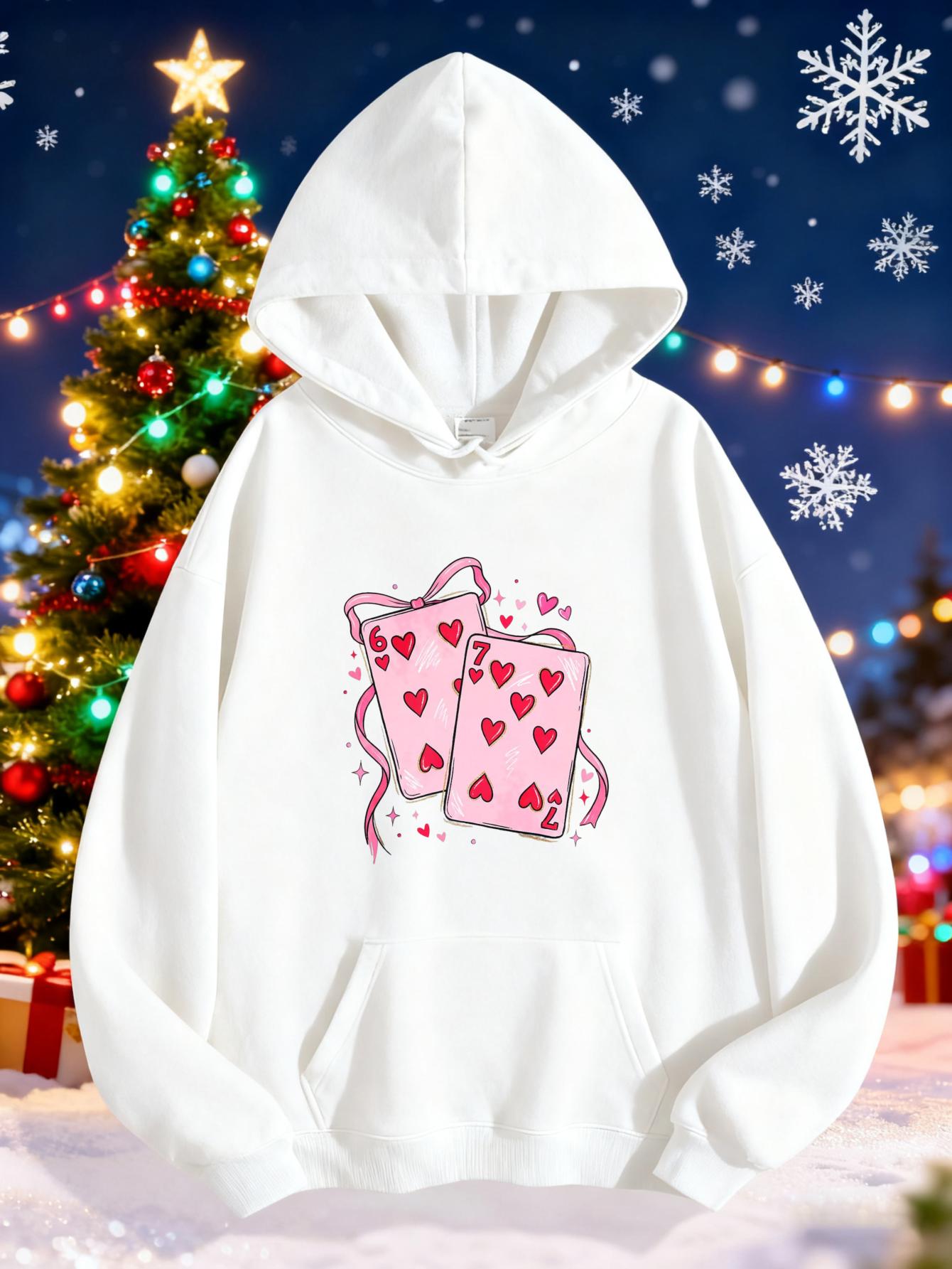 Women's Graphic Hoodie Colorful Christmas Tree Lights With Playing Cards Surrounded By Ribbons