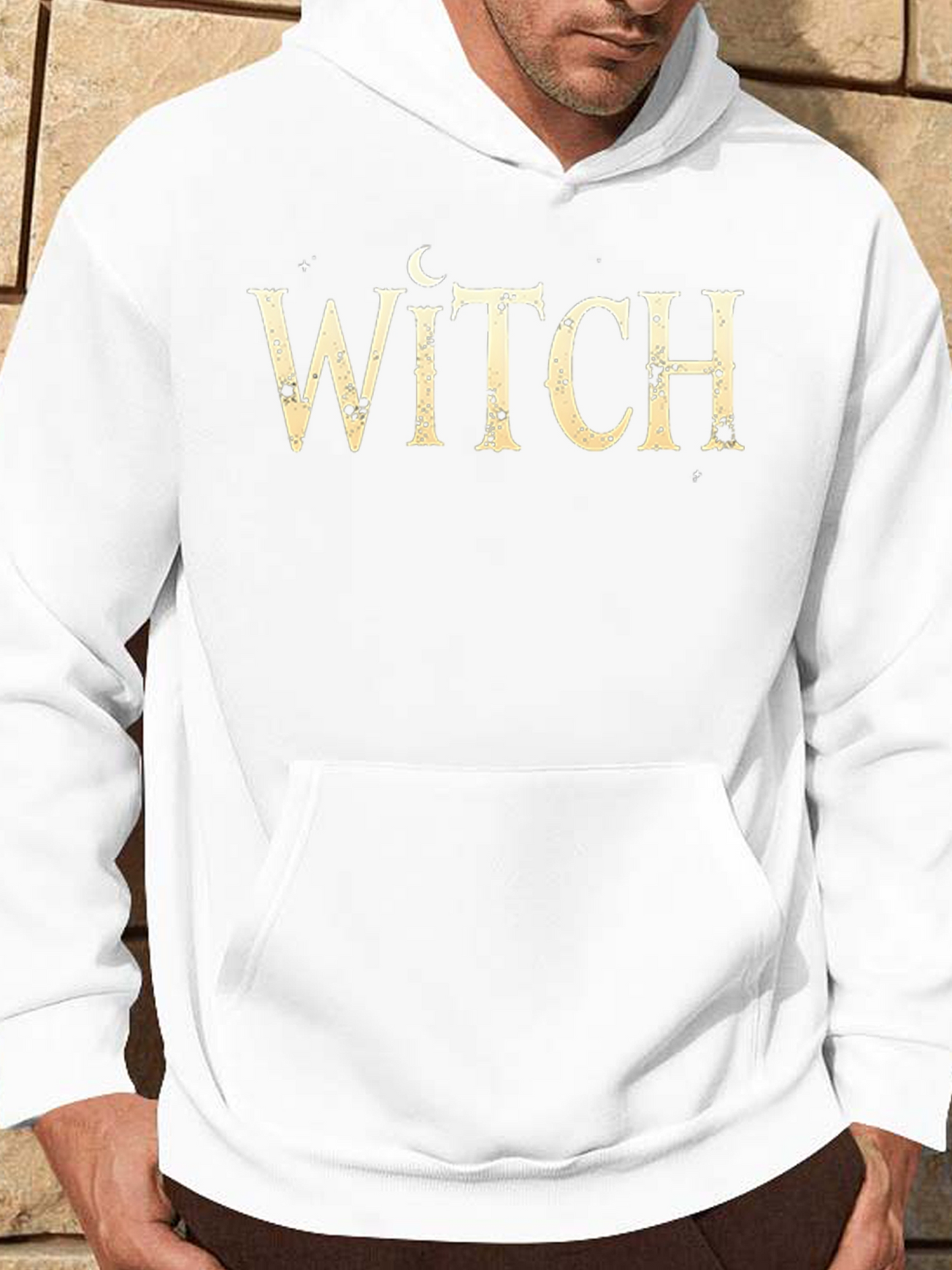 Men's Graphic Hoodie Sparkling Gold Lettering With Star Accents Witch