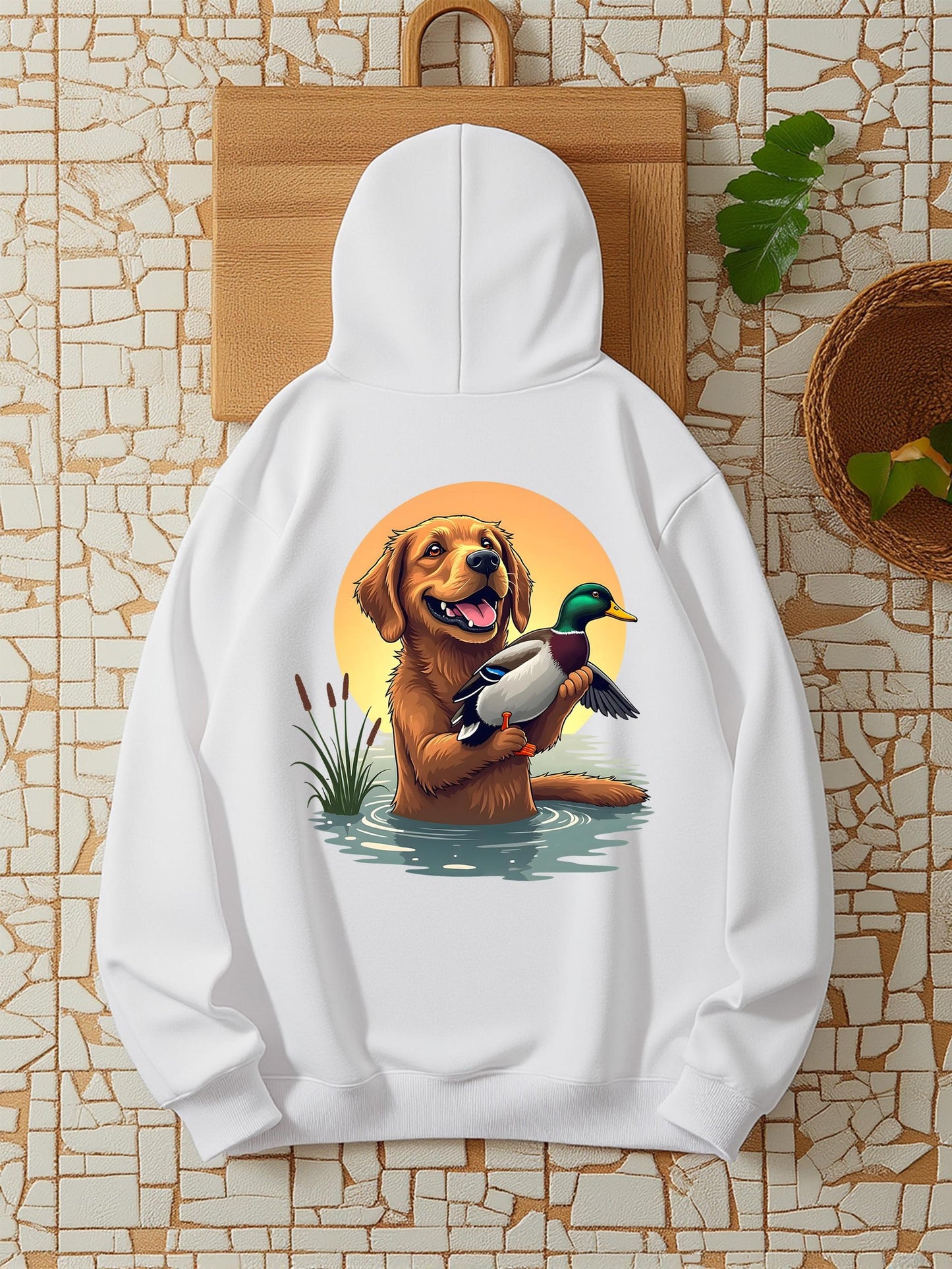 Women's Graphic Hoodie Calm Golden Retriever In Sunlit Pond Holding Duck