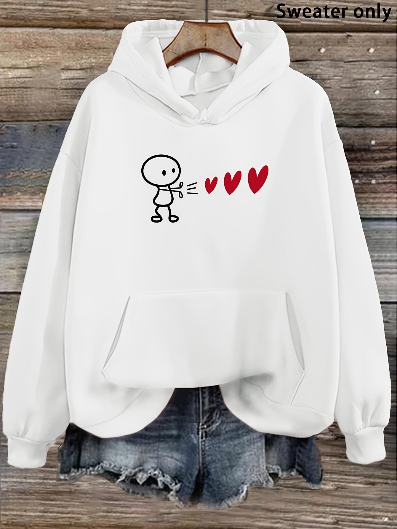 Women's Graphic Hoodie Minimalist Cartoon Character Sending Red Floating Hearts
