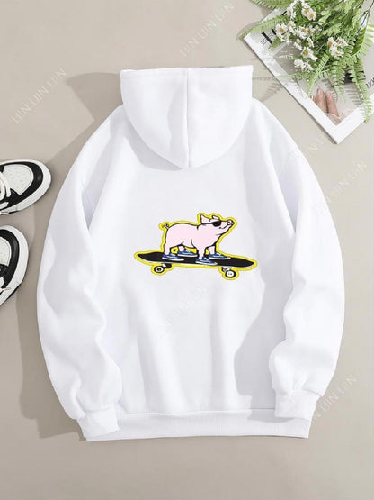 Women's Graphic Hoodie Cool Sunglasses Pig Riding On Skateboard Illustration