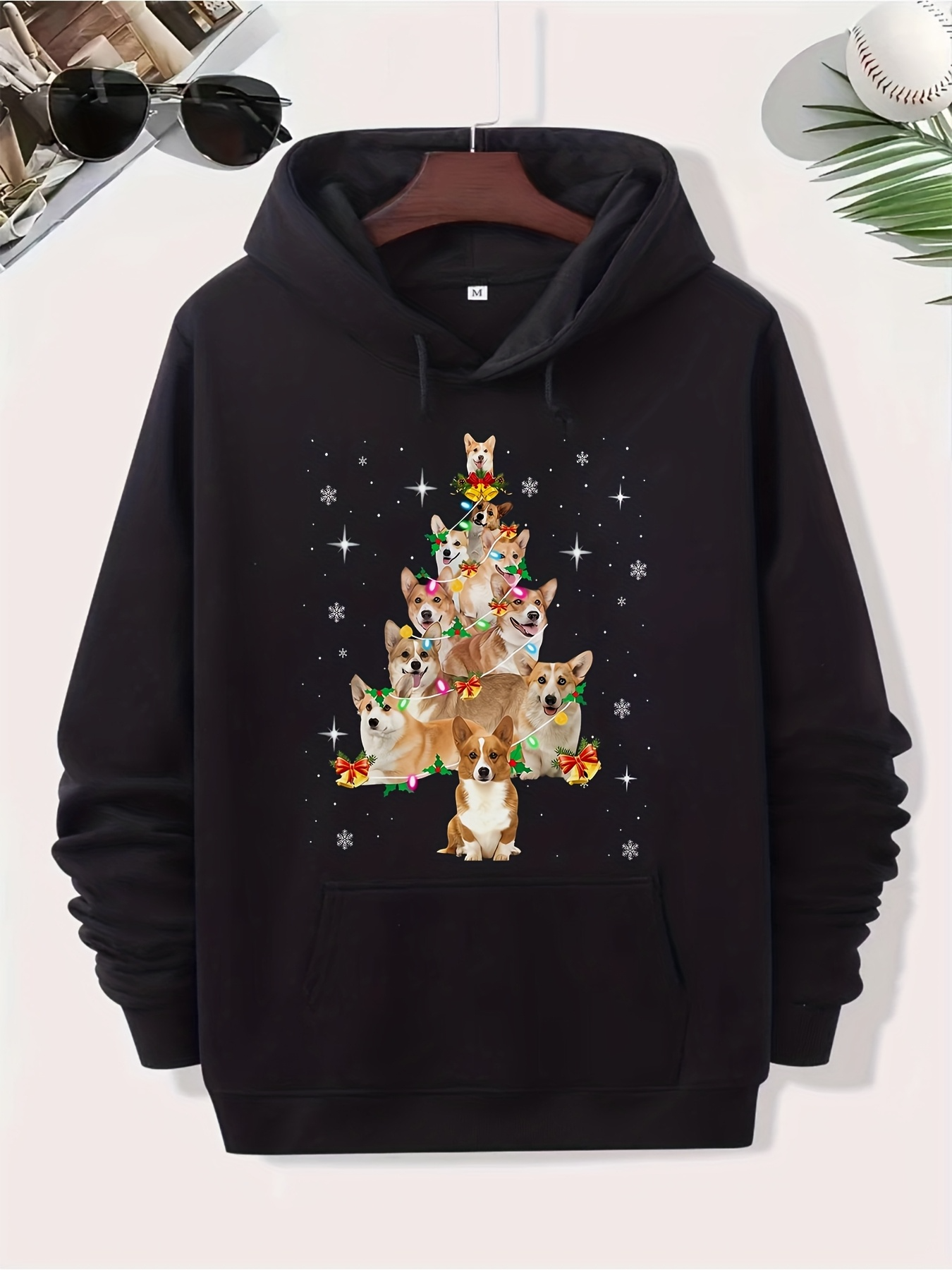 Men's Graphic Hoodie Christmas Lights Festive Tree Formed By Cute Dogs