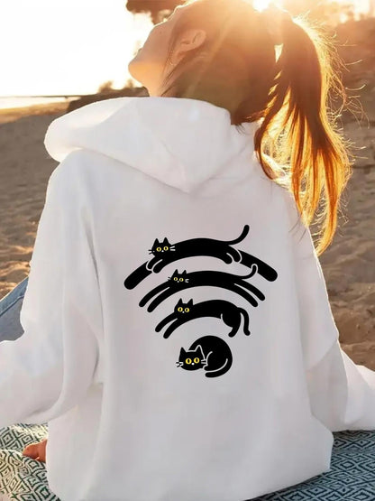 Women's Graphic Hoodie Abstract Symbol With Four Whimsical Black Cats On Hoodie