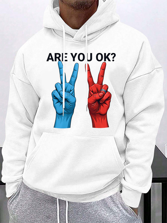 Men's Graphic Hoodie Are You Ok Surreal Colored Hands With Gesturing Peace Sign