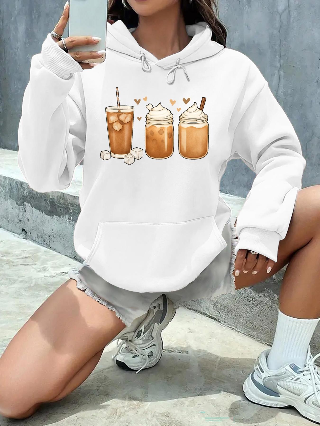 Women's Graphic Hoodie Iced Coffee With Decorative Hearts Surrounded By Three Charming Drinks