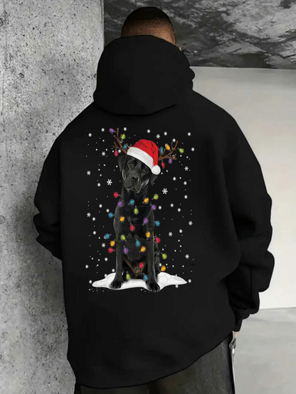 Men's Graphic Hoodie Playful Winter Snow With Colorful Lights And Festive Hat Dog