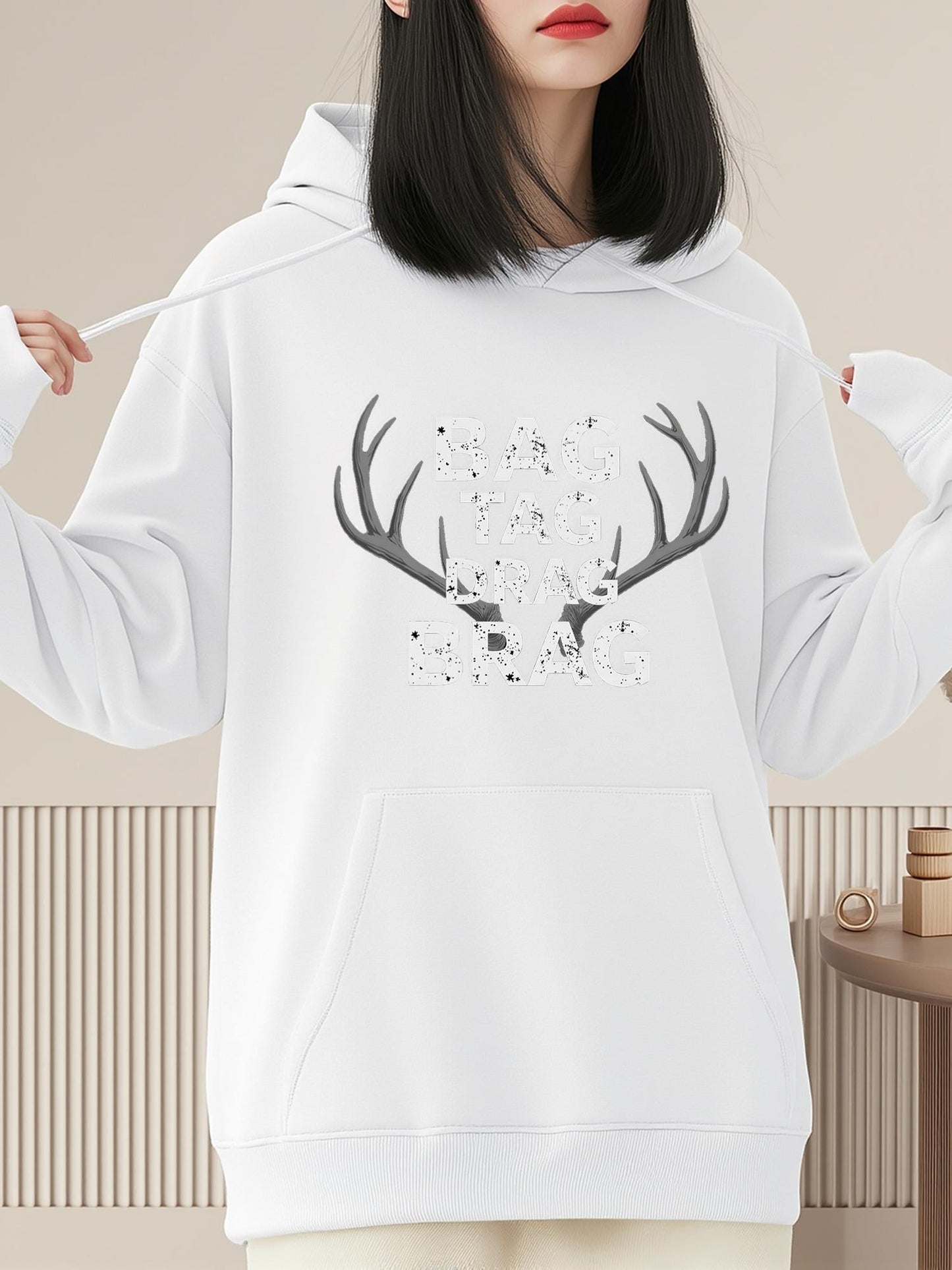 Women's Graphic Hoodie Snowy Antlers With Abstract Ink Patterns Surrounding A Noble Deer