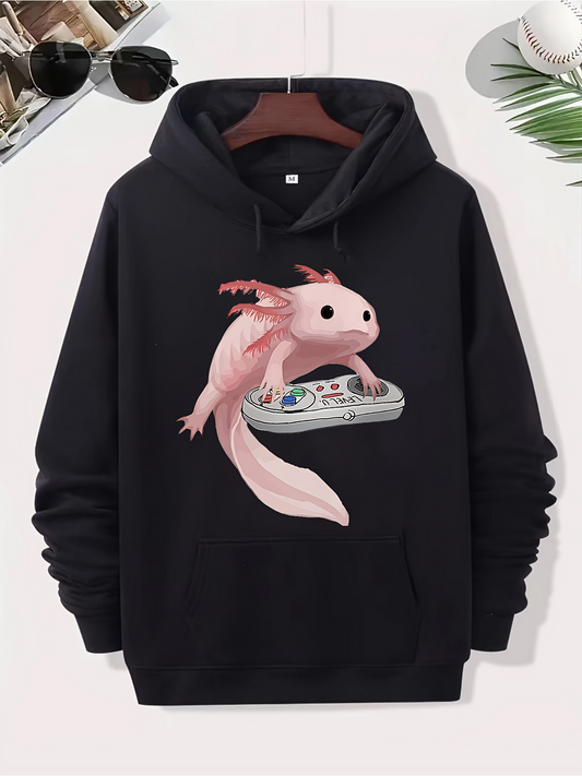 Men's Graphic Hoodie Adorable Pink Axolotl Holding A Classic Gaming Controller
