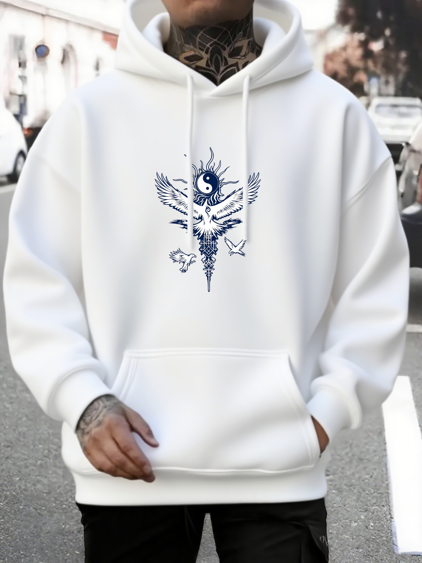 Men's Graphic Hoodie Yin Yang Surrounded By Flying Birds And Radiant Feathers Graphic Symbol