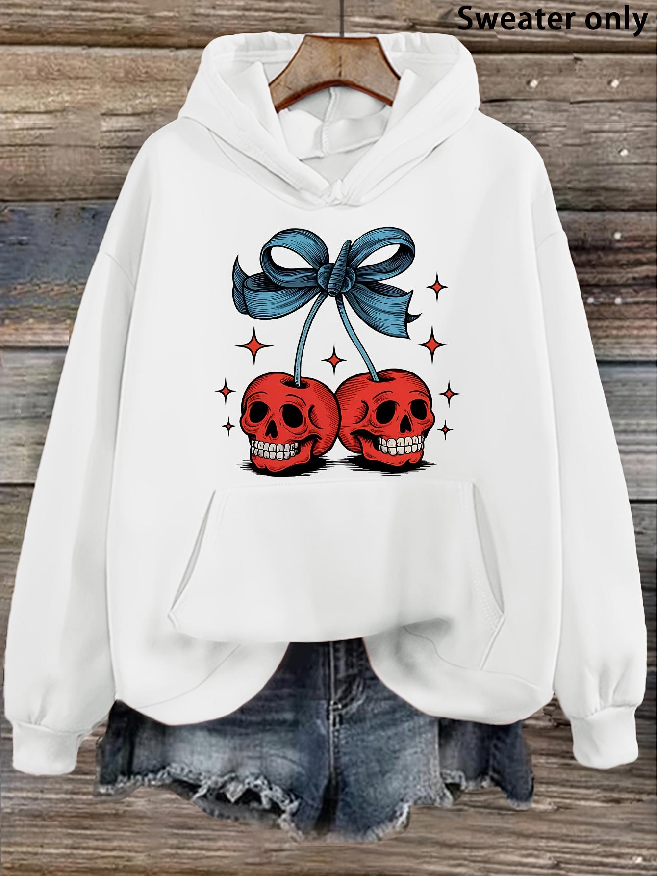 Women's Graphic Hoodie Blue Ribbon With Sparkling Stars Above Lifelike Red Cherry Skulls