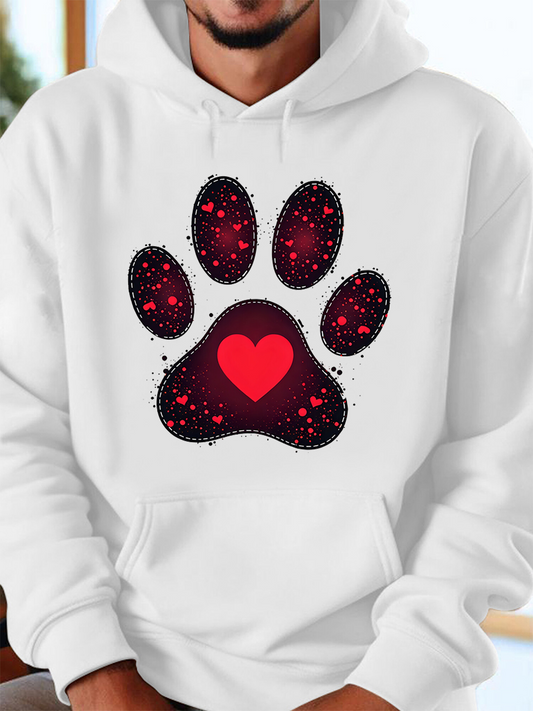 Men's Graphic Hoodie Red Heart Surrounded By Glowing Starburst Inside Animal Paw Print