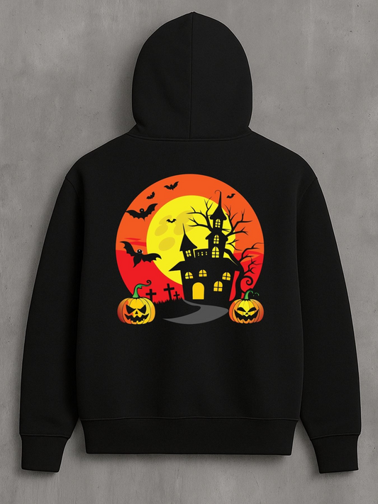 Men's Graphic Hoodie Haunted Halloween Night With Glowing Moonlit Pumpkins And Flying Bats House