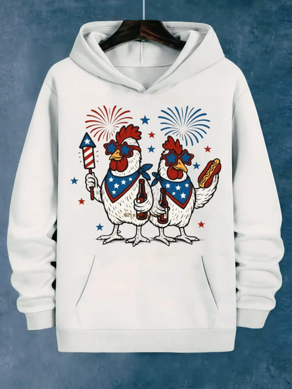 Men's Graphic Hoodie Colorful Fireworks With Stars And Patriotic Chickens Celebrating Festive Hotdog