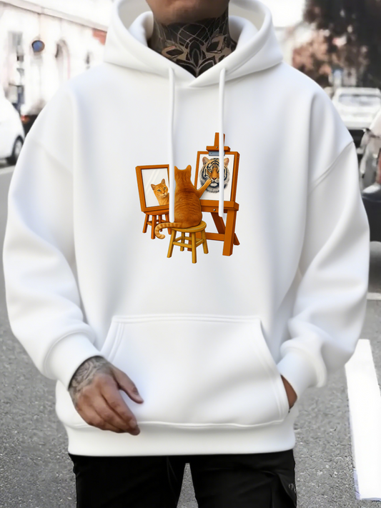 Men's Graphic Hoodie Artistic Studio Cat With Easel Canvas Painting Reflecting Feline Imagination Orange Cat