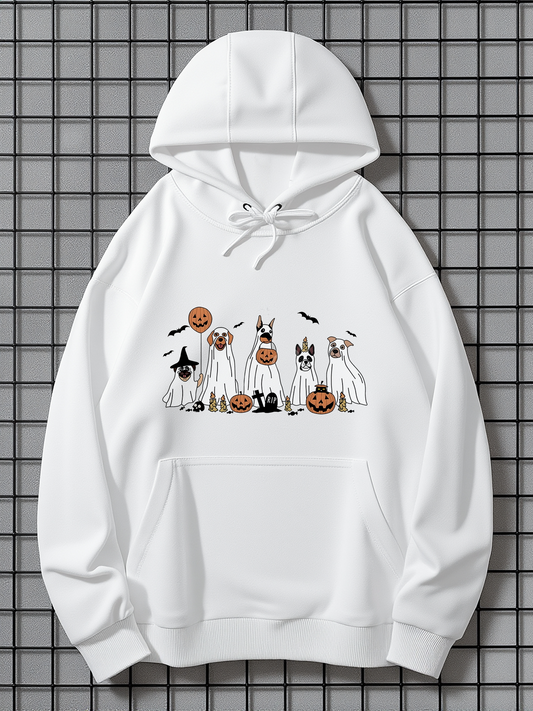 Men's Graphic Hoodie Playful Halloween Pumpkin With Ghostly Dogs Gathering Together