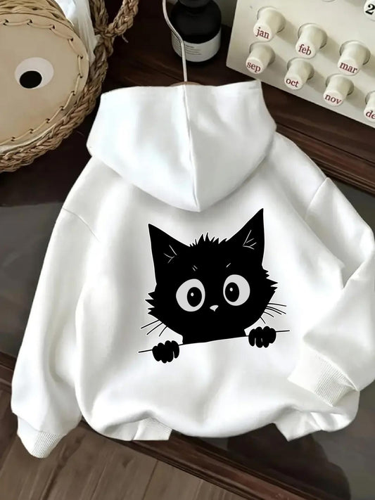 Women's Graphic Hoodie Playful Black Cat Peeking Out With Whiskers And Wide Bright Eyes Cat