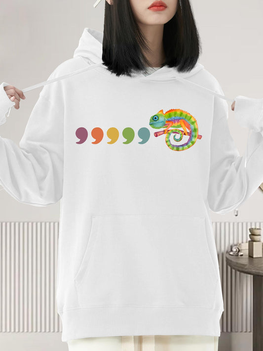 Women's Graphic Hoodie Colorful Gradient Commas In Line Next To Vibrant Chameleon
