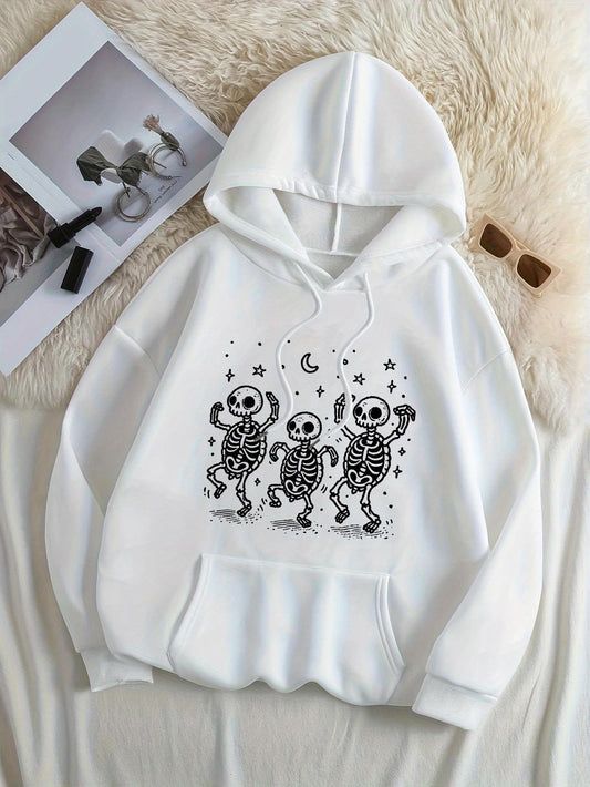 Women's Graphic Hoodie Dancing Under Crescent Moon With Stars Energetic Skeleton Trio