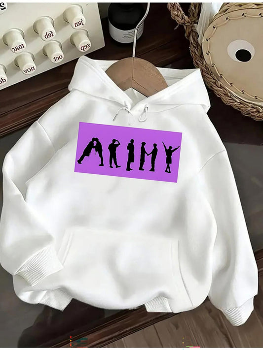 Women's Graphic Hoodie Dancing Silhouettes On Purple Rectangular Block With Energetic Motion People