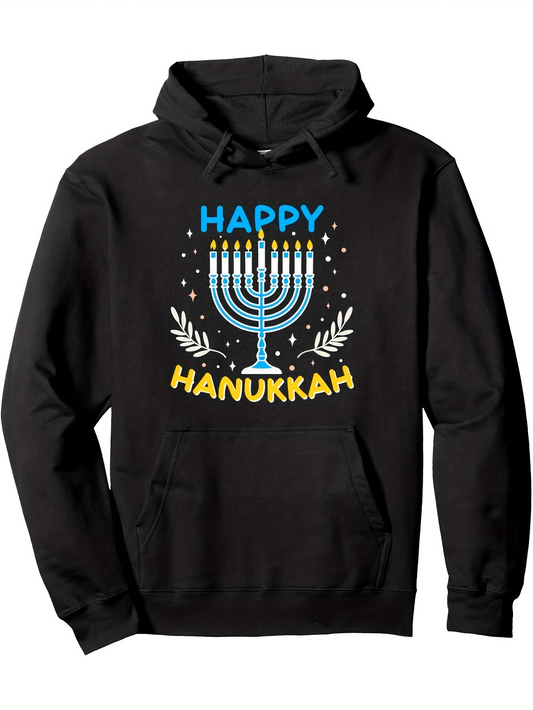 Men's Graphic Hoodie Happy Hanukkah Festive Candles Menorah With Confetti Leaves Surrounding Celebration