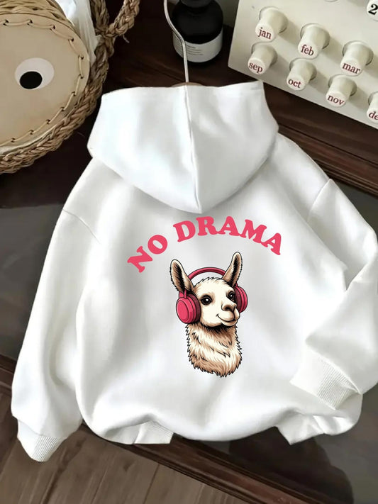 Women's Graphic Hoodie No Drama Cartoon Llama With Headphones Among Pink Accents Hoodie