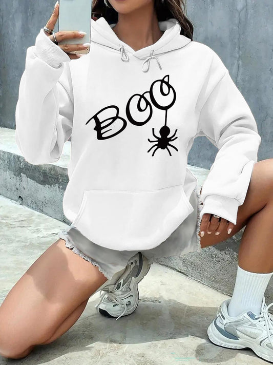 Women's Graphic Hoodie Boo Playful Lettering With Dangling Spider On Hoodie