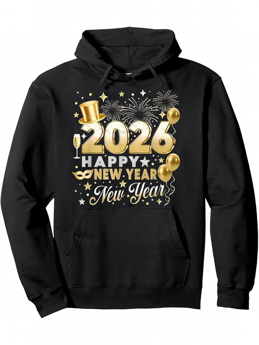 Men's Graphic Hoodie Golden Confetti Fireworks With Champagne Glass Mask And Top Hat New Year