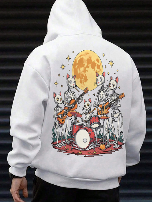 Men's Graphic Hoodie Full Moon Night With Skeletons Playing Musical Instruments Band