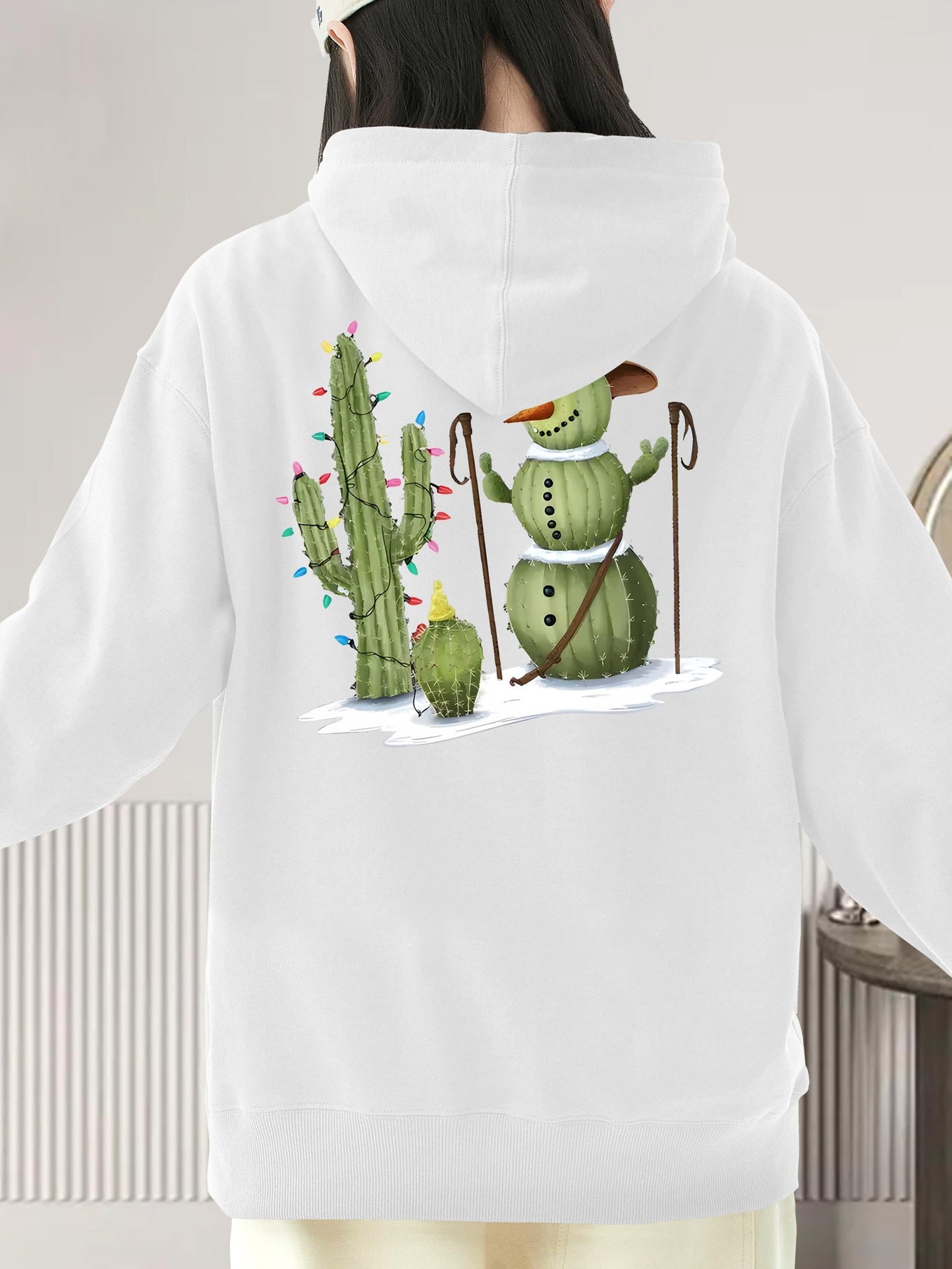 Women's Graphic Hoodie Festive Prickly Cactus Snowman With Colorful Holiday Lights
