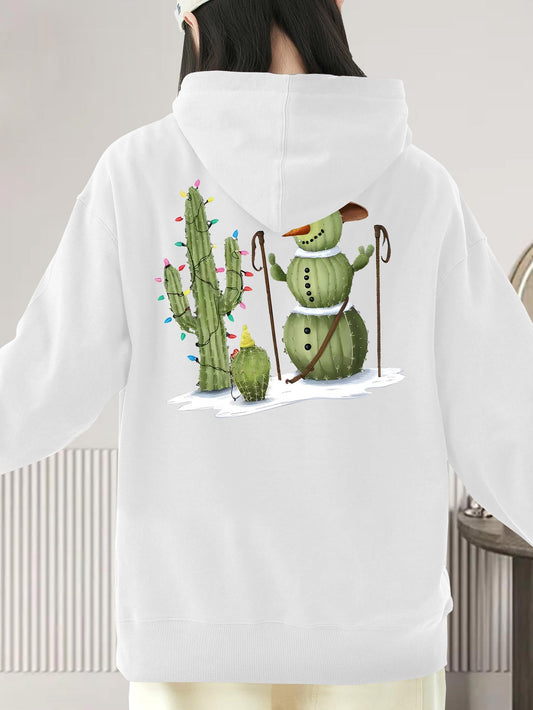 Women's Graphic Hoodie Festive Prickly Cactus Snowman With Colorful Holiday Lights