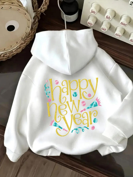 Women's Graphic Hoodie Happy New Year Colorful Decorative Pastel Lettering With Floral Accents Hoodie
