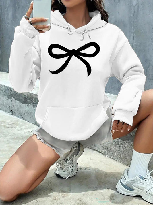 Women's Graphic Hoodie Minimalist Black Ribbon Bow On Classic White Hoodie