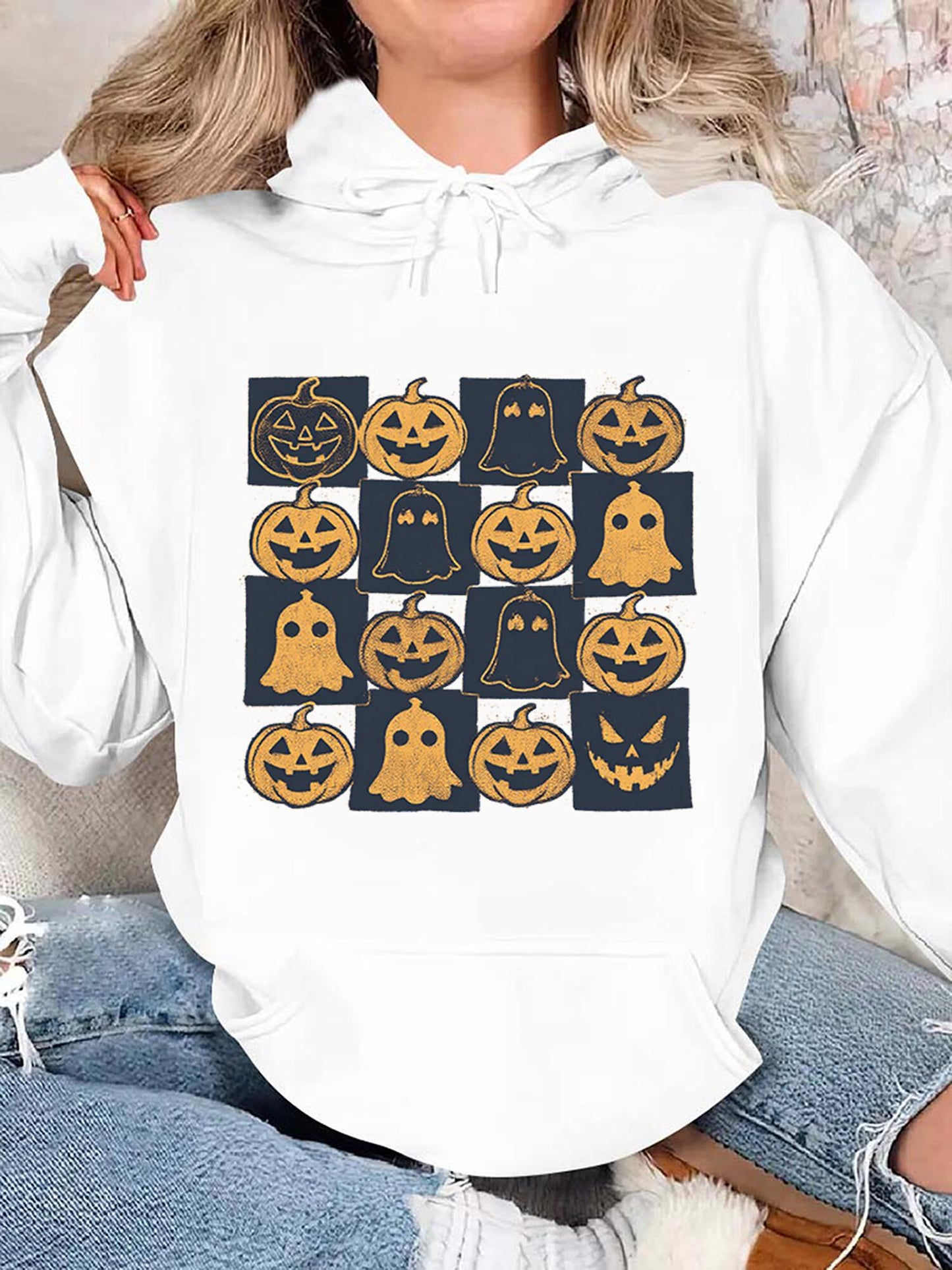 Women's Graphic Hoodie Playful Ghosts Among Cheerful Carved Pumpkin Lanterns Halloween Pumpkin