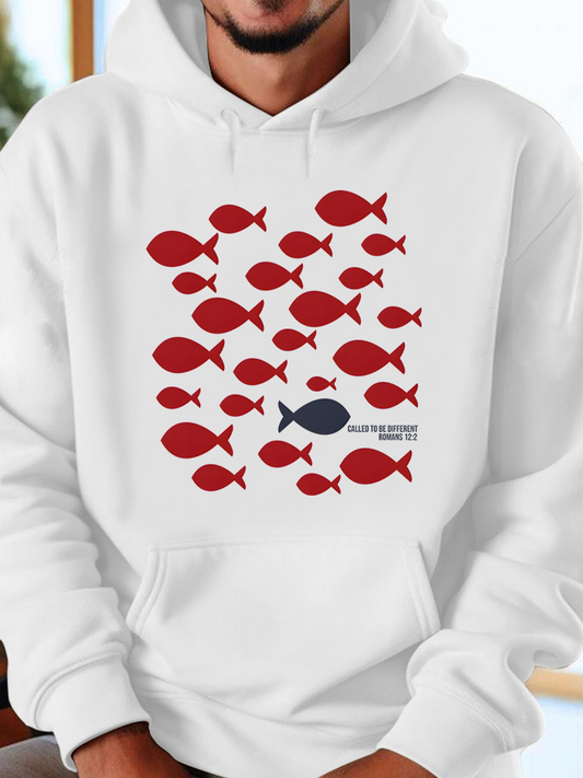 Men's Graphic Hoodie Be Different With Red Fish Swimming Around Unique Blue Fish