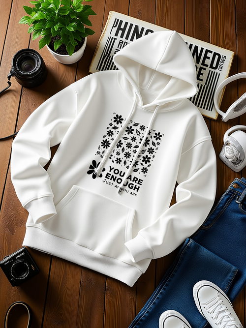 Men's Graphic Hoodie You Are Enough Positive Message With Bold Black Flower Patterns Hoodie