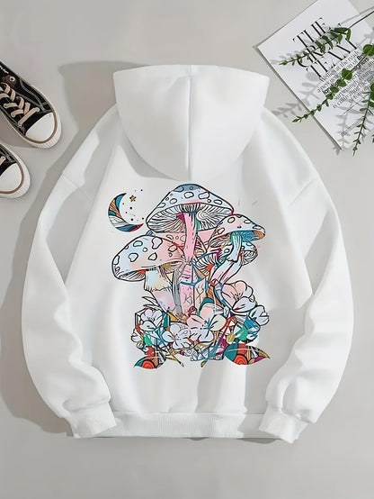 Women's Graphic Hoodie Colorful Blossoms With Crescent Moon Surrounding Large Wild Mushrooms