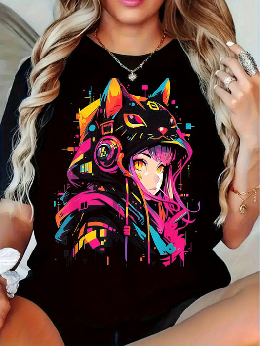 Women's Graphic T-Shirt Colorful Neon Graffiti With Anime Girl Wearing Cat Ear Hoodie