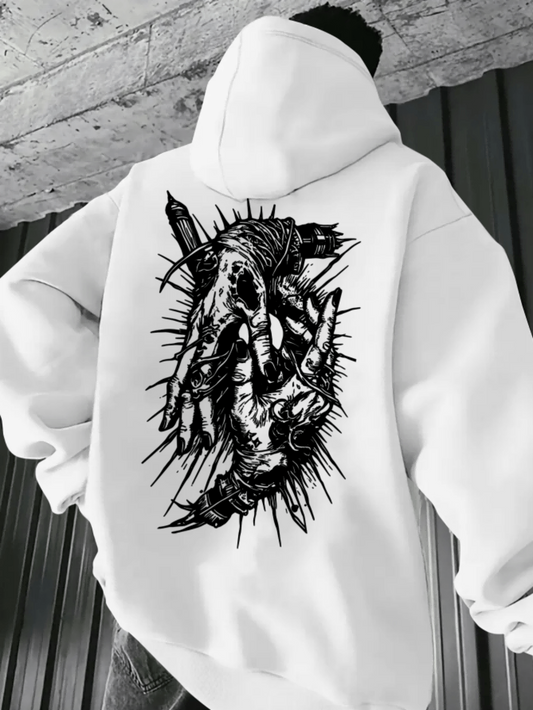 Men's Graphic Hoodie Barbed Wire Surrounding Bony Skeleton Hand Amid Urban Shadows Hoodie