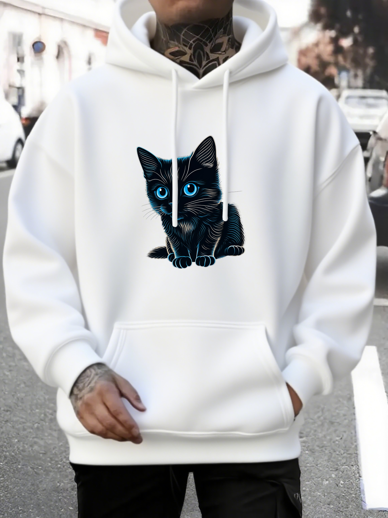 Men's Graphic Hoodie Bright Blue Eyed Kitten Sitting On Soft White Hoodie Cat