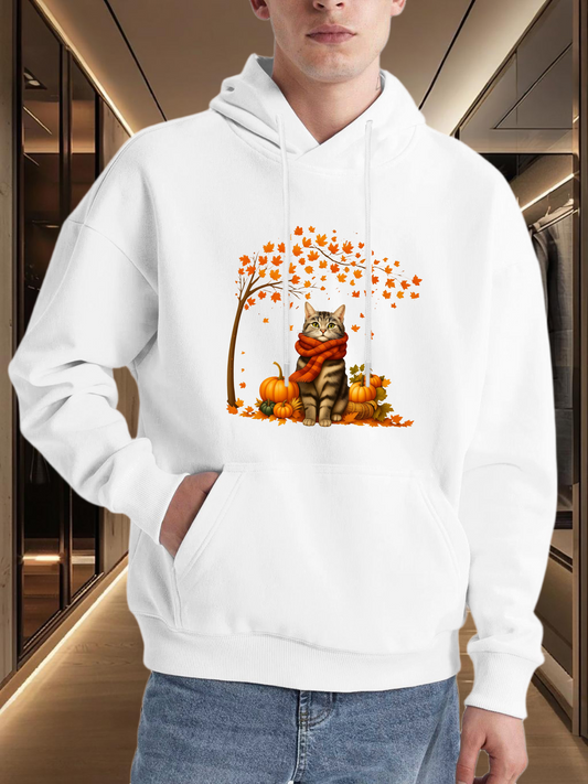 Men's Graphic Hoodie Autumn Leaves With Pumpkins And Cozy Cat Under Falling Tree