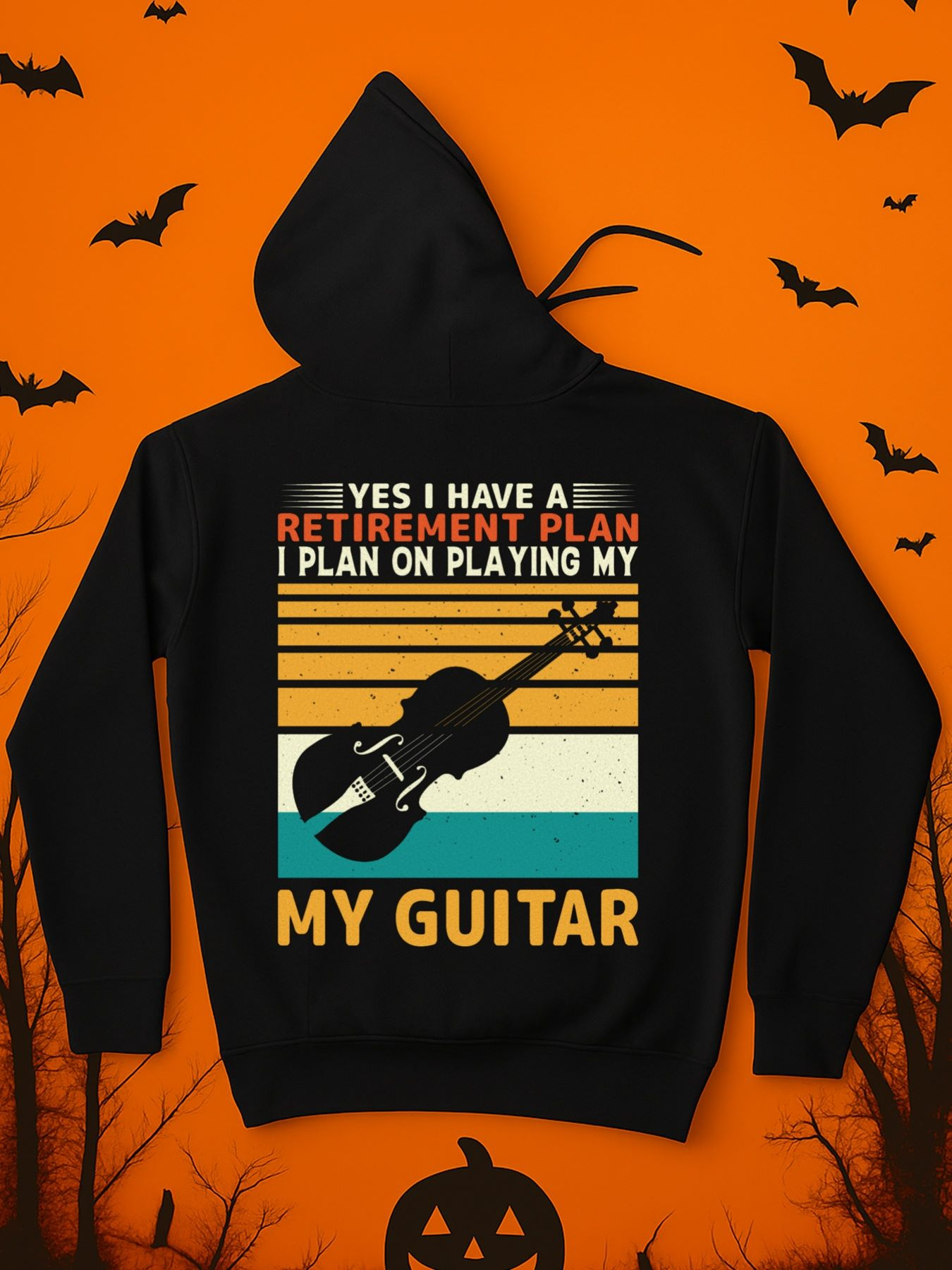 Men's Graphic Hoodie Retro Sunset With Silhouette And Flying Birds Featuring Guitar