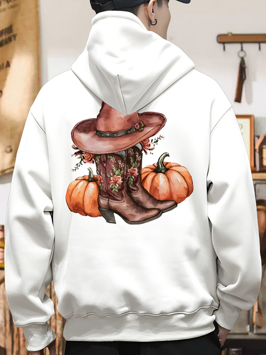 Men's Graphic Hoodie Autumn Harvest Pumpkins With Floral Cowboy Hat And Stylish Boots