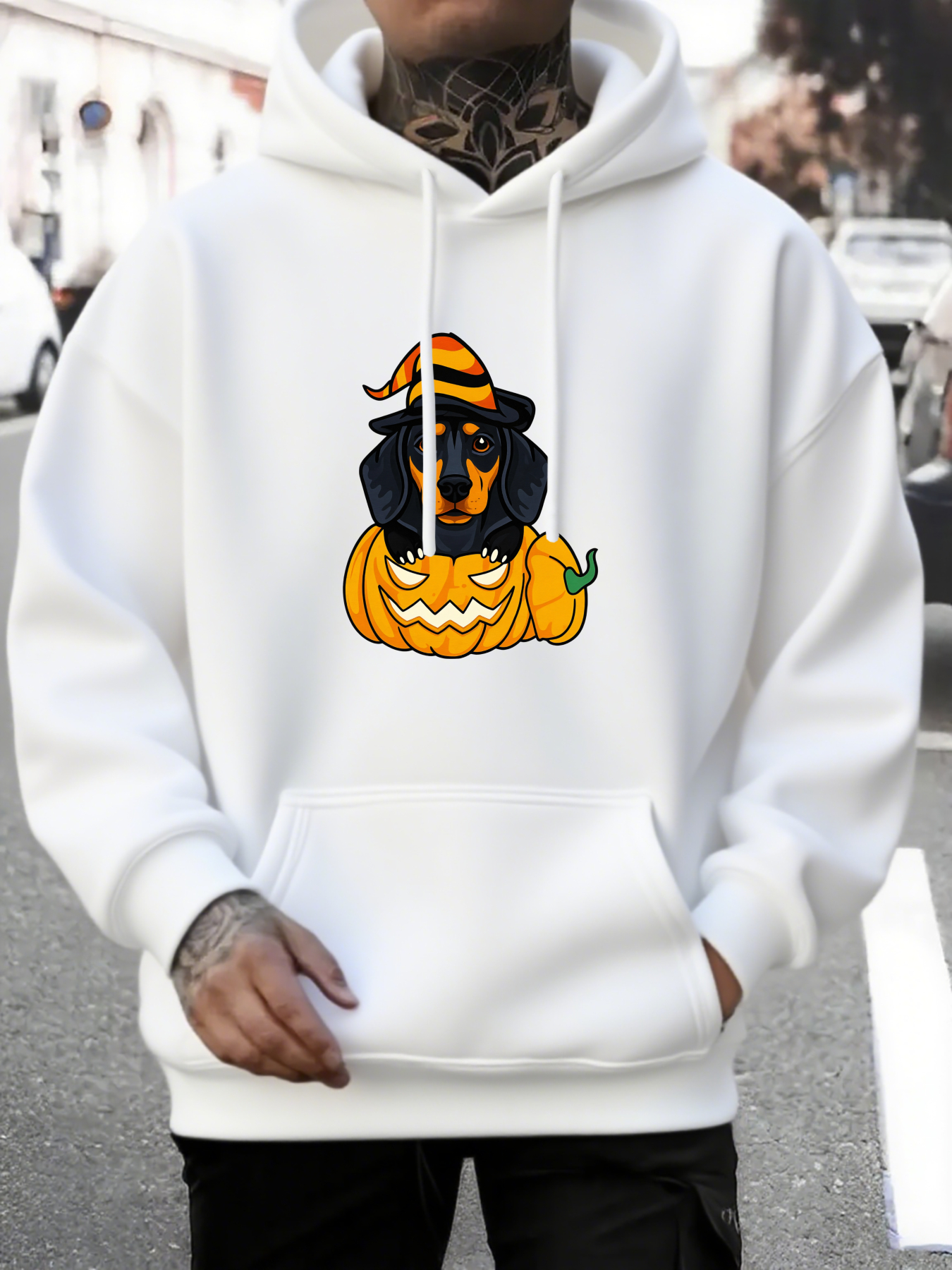 Men's Graphic Hoodie Halloween Witch Hat With Pumpkin And Playful Black Dog